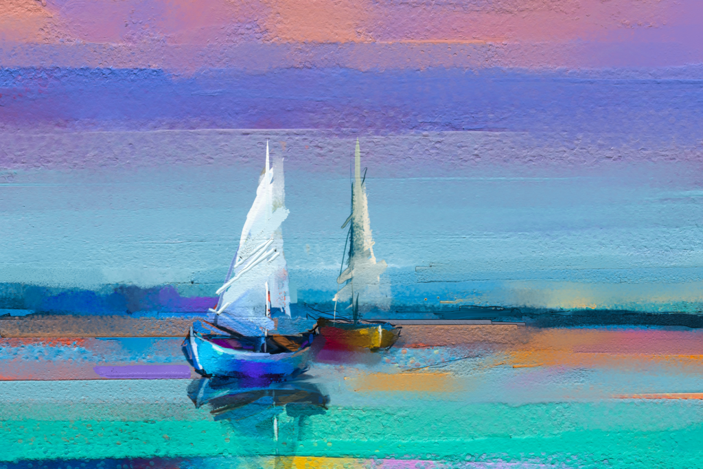 Oil painting of a sail boat and sunset sky