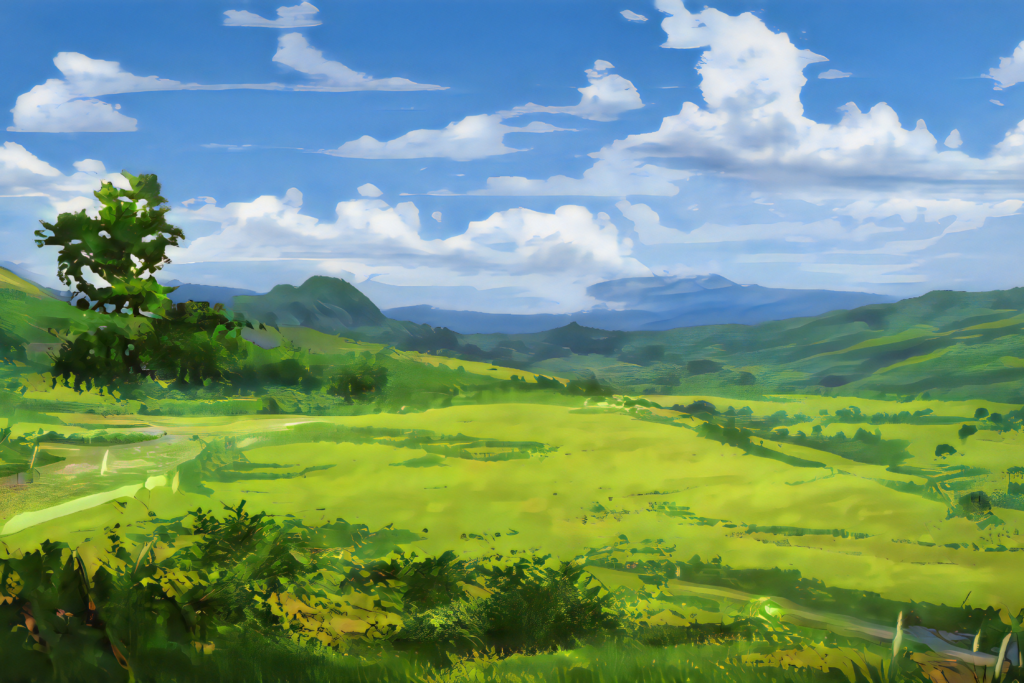 An acrylic landscape painting of green hills and blue cloudy sky.