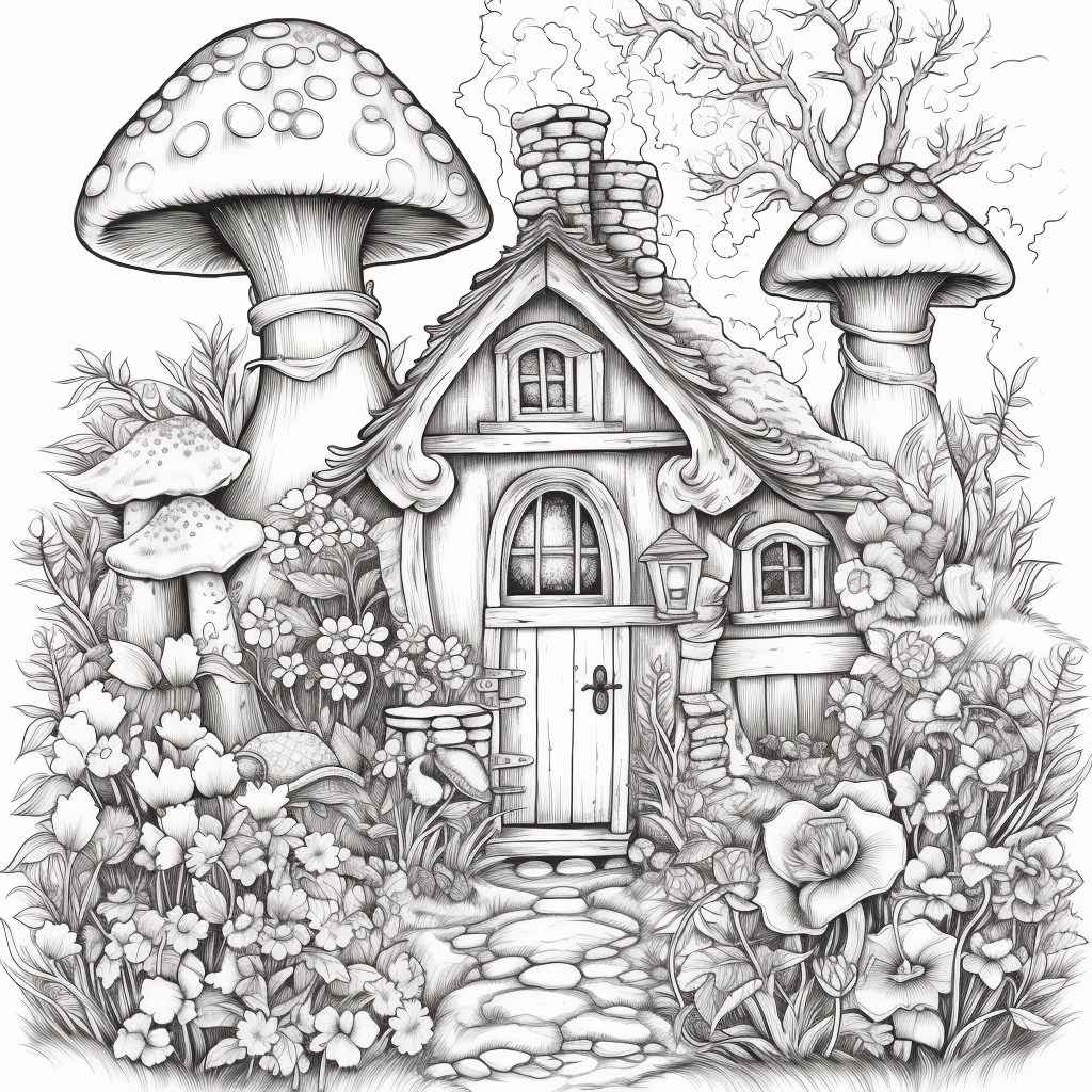 cottagecore coloring page with house garden and mushrooms