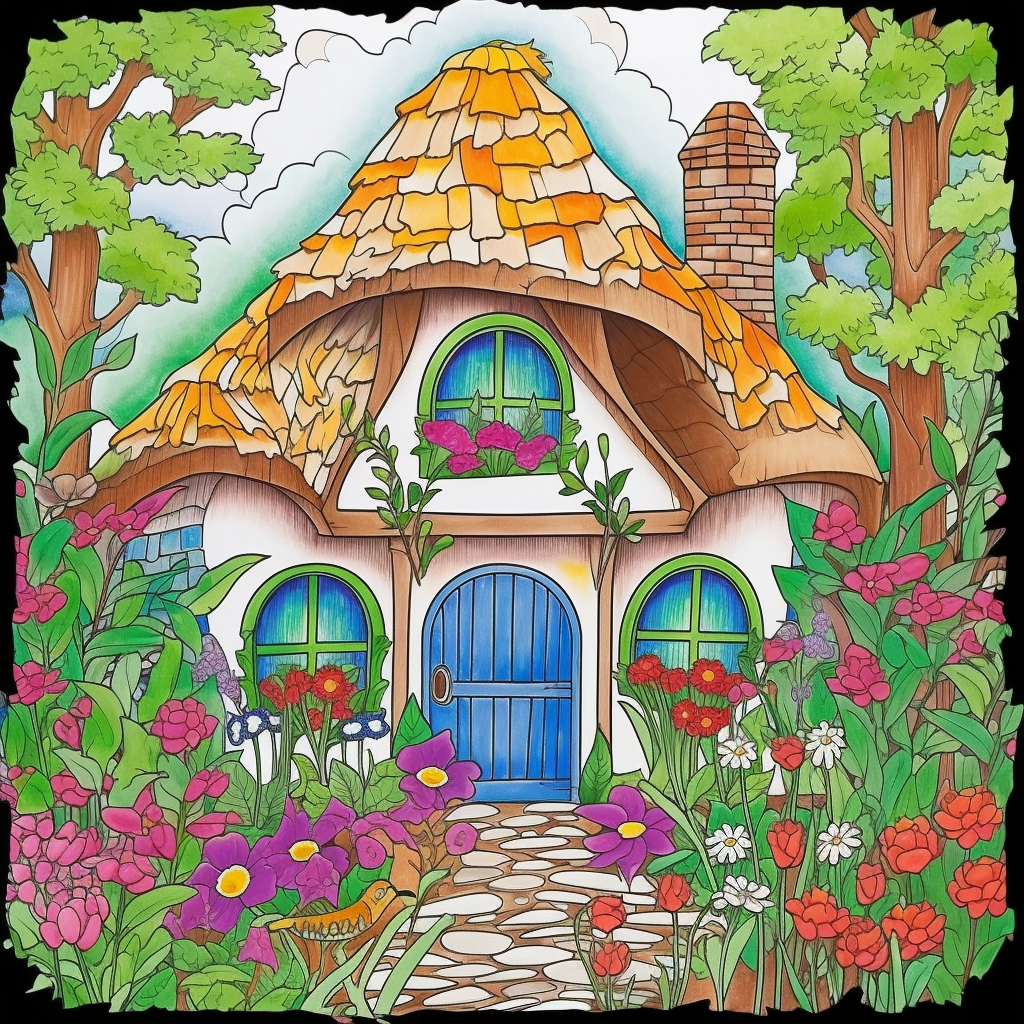 cottagecore coloring book for adults colored page of cottage and flowering garden