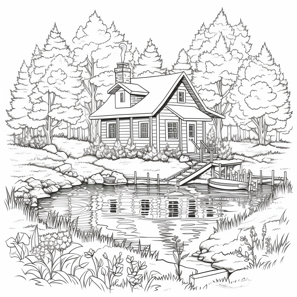 cattail designs cottagecore coloring page cabin and pond in the woods