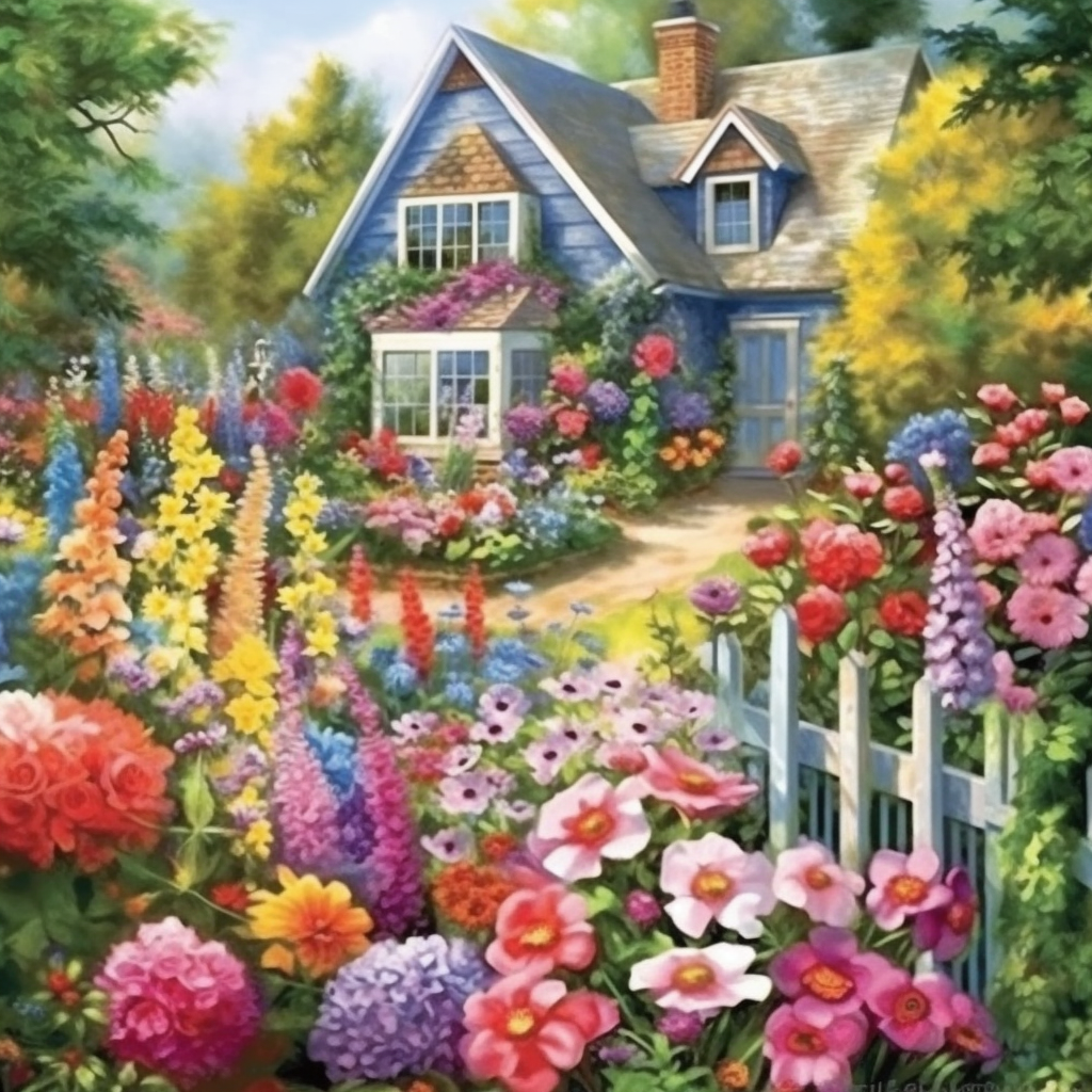 a colored book page of a blue cottage house with bright colorful garden of blooming flowers all around it.