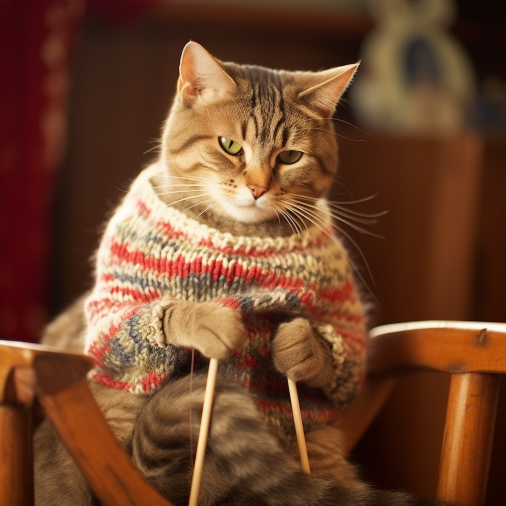 cat sitting wearing a sweaterh and knitting