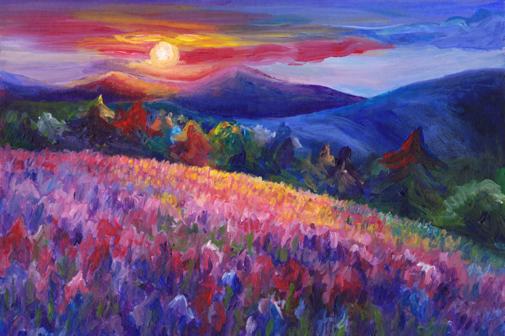 pink flower meadow, blue mountains, green forest and sunset sky landscape with oil paints.
