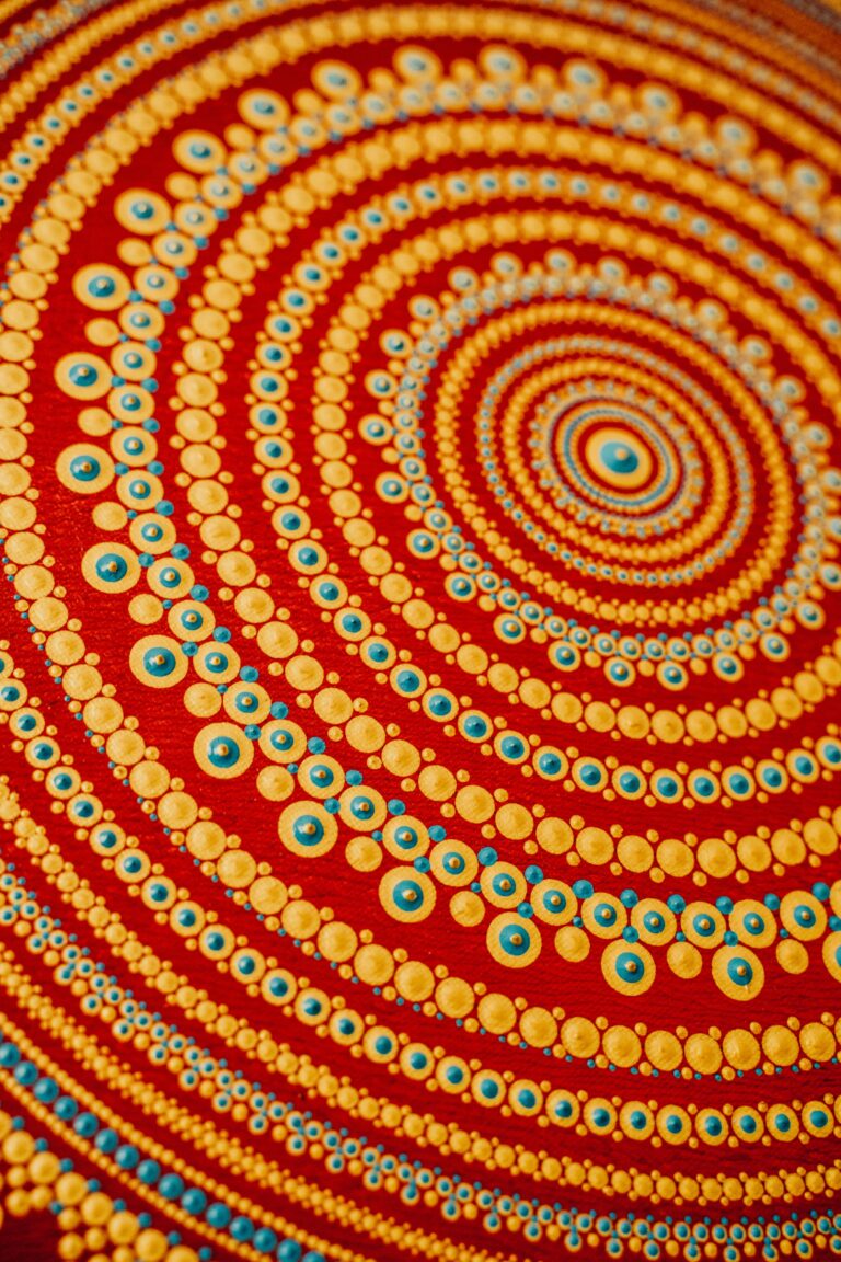 dot painting in red, yellow, blue dots in circular design.