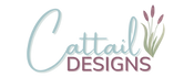 the Words Cattail Design Logo in blue and plum with a watercolor cattail plant