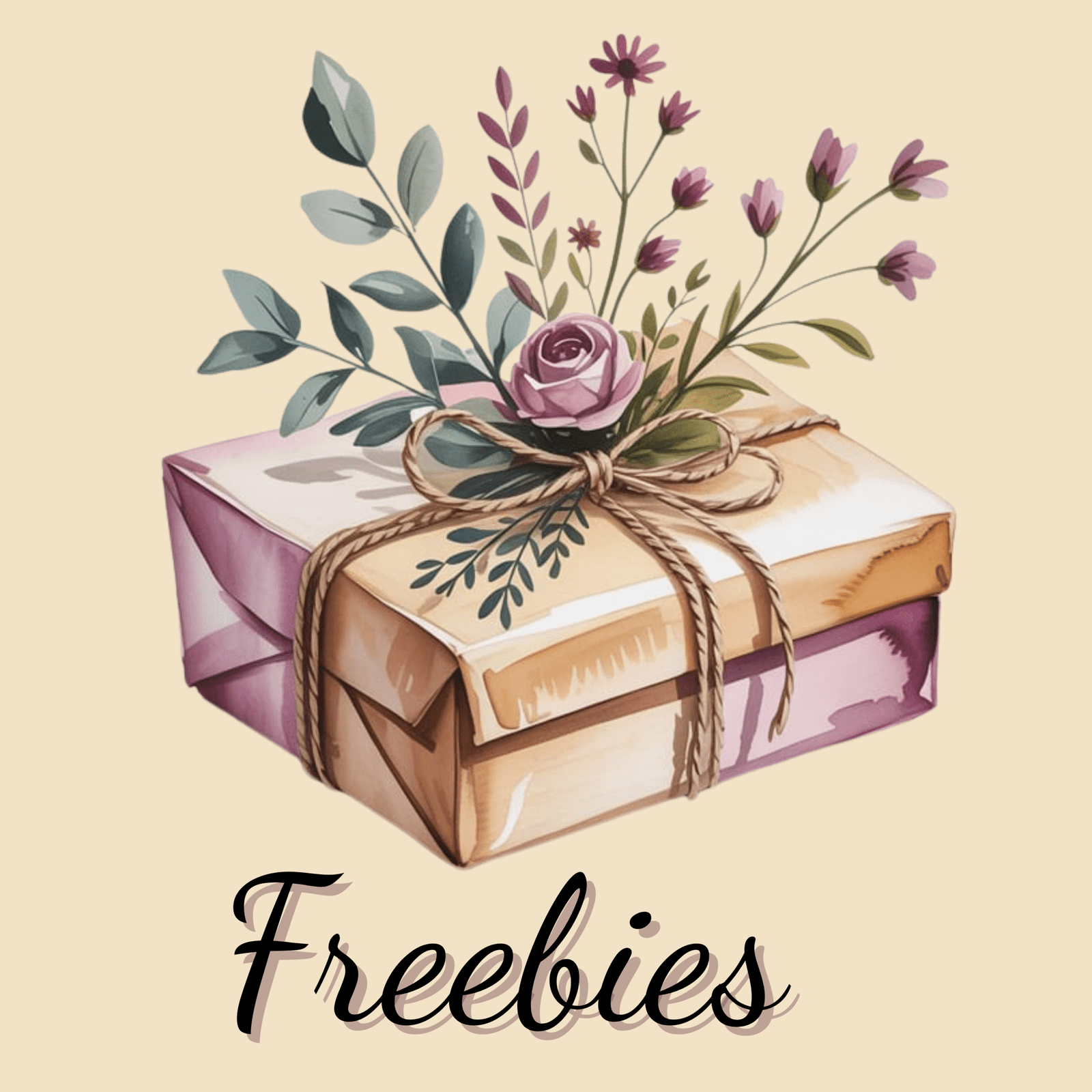 Whimsical watercolor gift box with floral wrapping in earthy rose and plum – Free Clipart PNG Sublimation Art