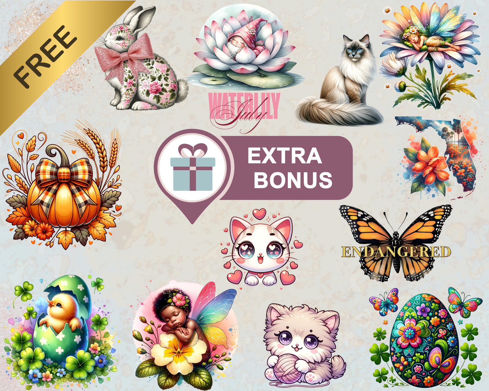 Free watercolor PNG clipart set with floral bunny, pumpkins, butterflies, cats, eggs, and bonus seasonal graphics – commercial use for crafters and small businesses.